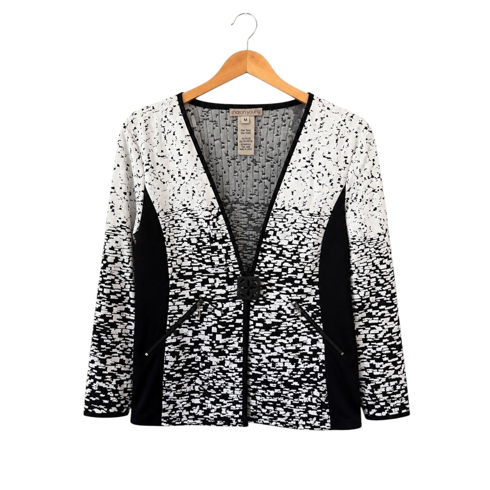 Sharon Young Jacket Womens M Black White Abstract Print Wearable Art Stretch